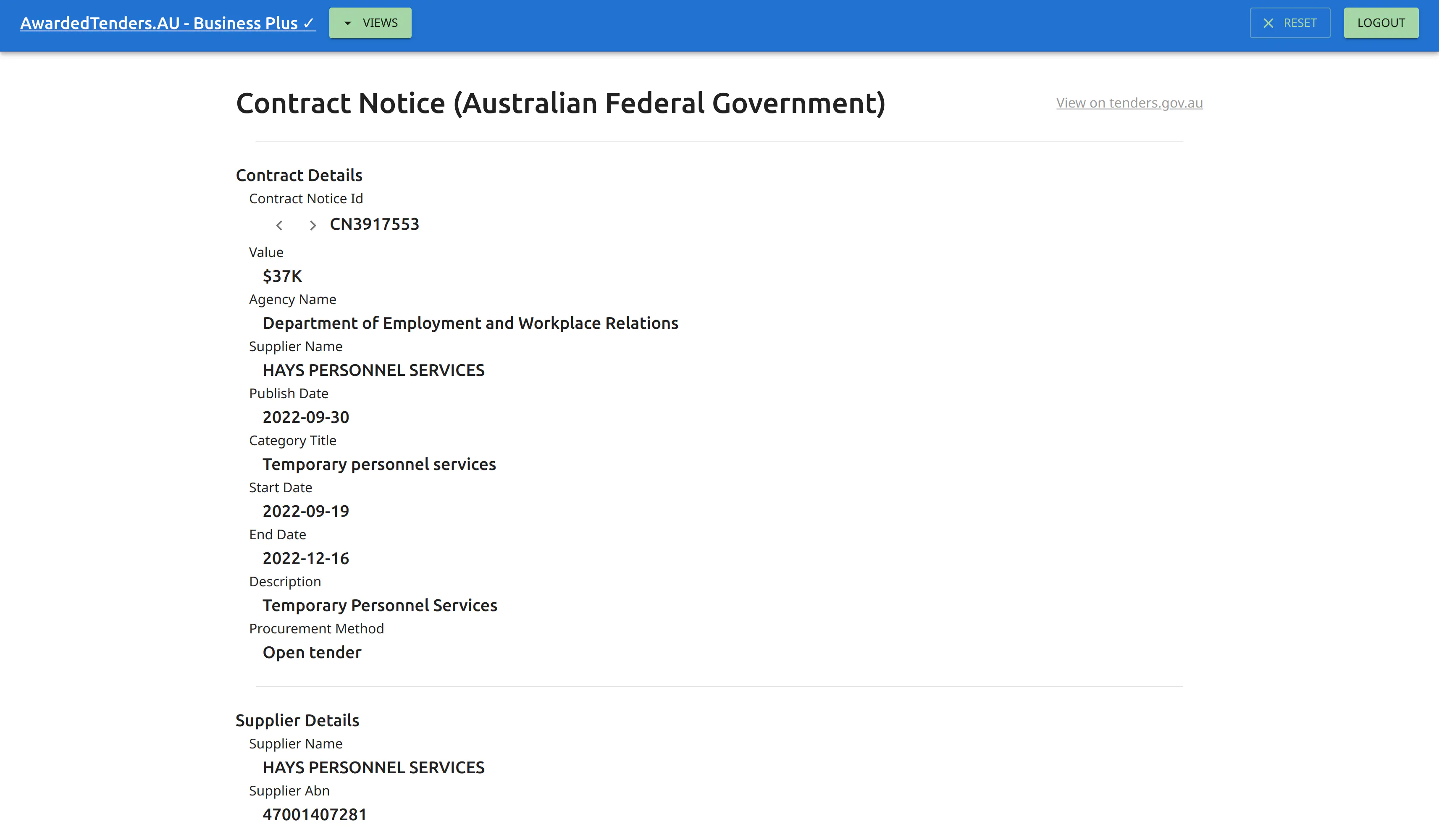 Contract Notice view. Single page view in AwardedTenders